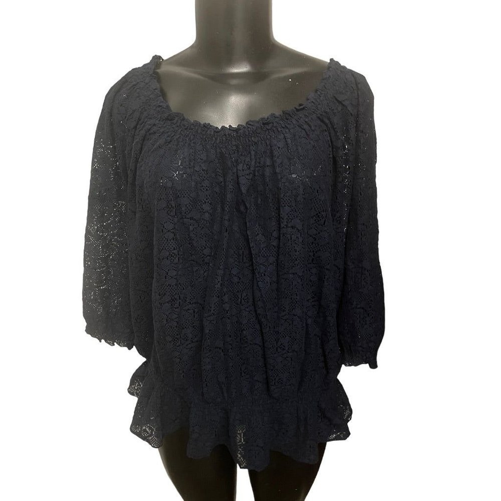 1X Izod Women Sheer Lace‎ Top Elastic Off Shoulder Navy Blue